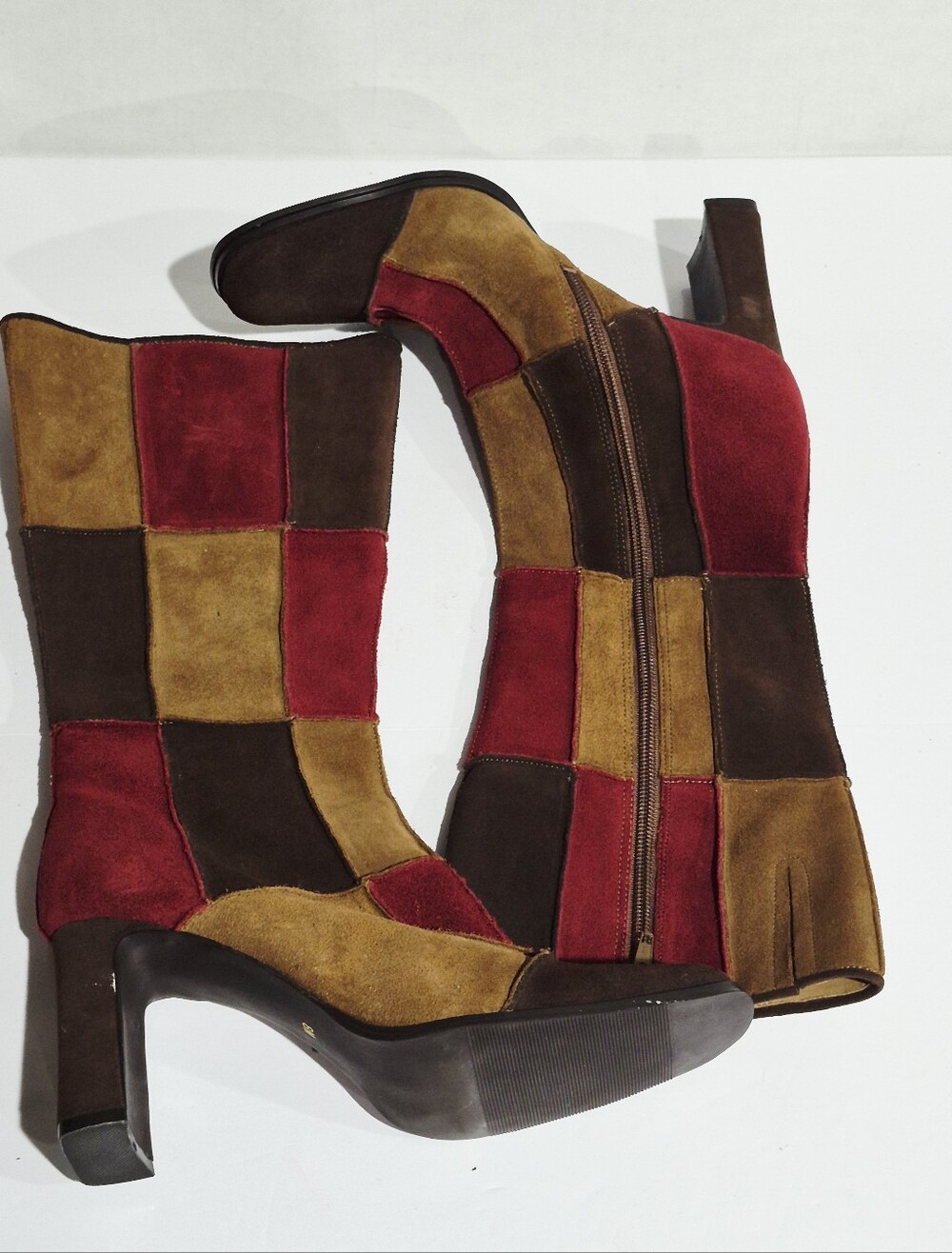 PRIMA Fiddle  Women's Patchwork Suede Mid-Calf Boots - Red, Brown & Tan Size 8M